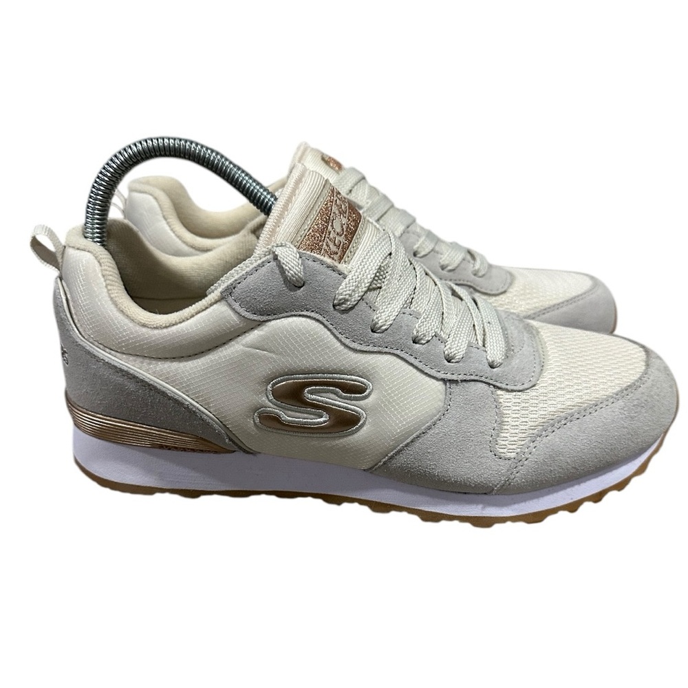 Women’s Sketchers OG 85 Sparkly Gold Leather Sneakers, Size 10.